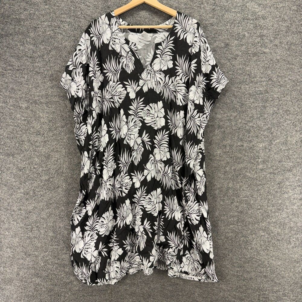 Creation's Dress Women One Size Black Floral Shift Short V-Neck Short Sleeve